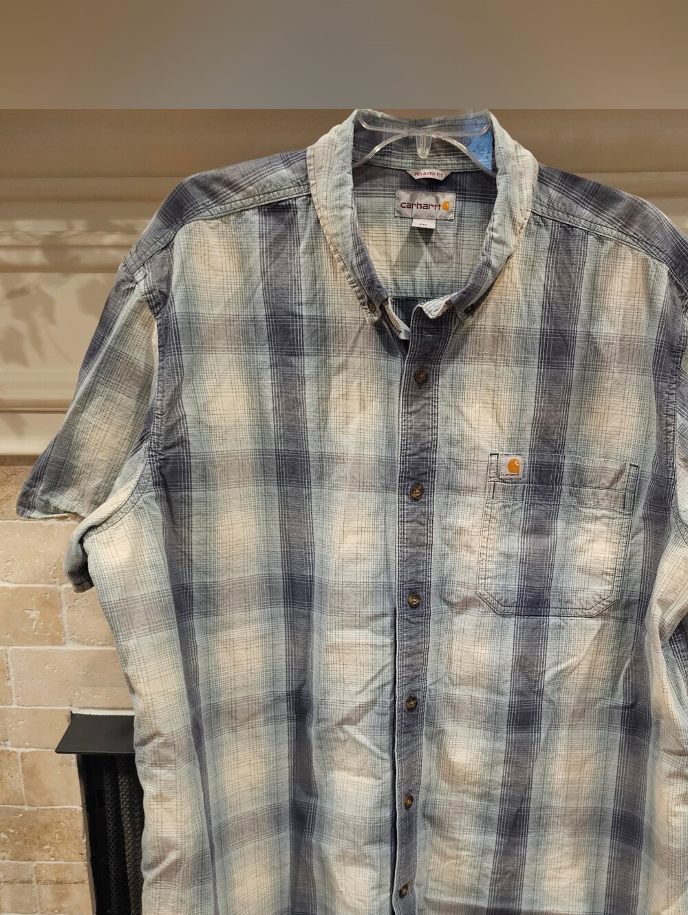 Carhartt 2XL Relaxed Fit Blue Plaid Short Sleeve Mens Shirt Button Down